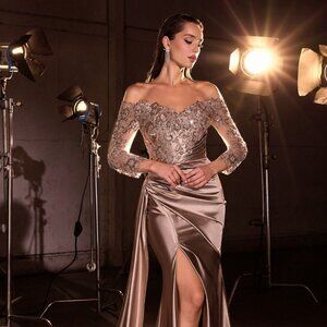 New Off Shoulder Sheath Red Carpet Gown w/ Sheer Long Sleeves & Leg Slit CDS549